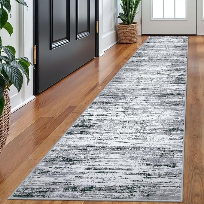 Modern Abstract Runner Rug 2x10, Black Grey White Washable Long Kitchen Runner Non-Slip Soft Hallway Rug Runner Thin Print Faux Wool Carpet for Entryway Bedroom Laundry Room Indoor Home Decor