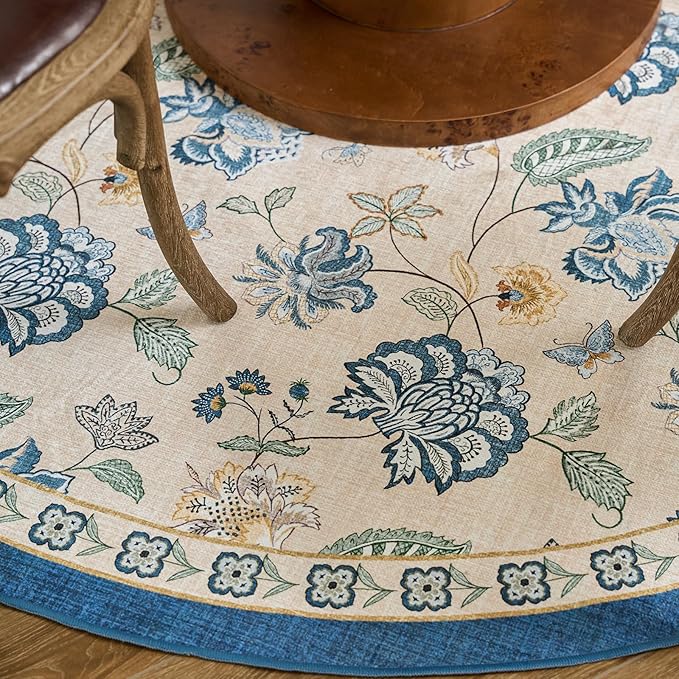 jinchan Elora Floral Corner Rug for Living Room Washable Bedroom Rug Vintage Romance Design Non Slip Quarter Circle Lightweight Low-Pile Throw Carpet for Reading Nook Playroom, 7ft Radius, Blue/Beige
