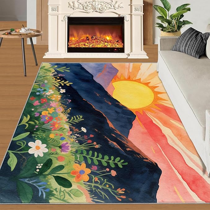 Boho Sun Runner Rugs 2x4ft, Minimalist Line Small Entryway Mats, Geometric Solar Laundry Room Rug Non Slip Durable Throw Rugs for Front Door Bedroom Bedside