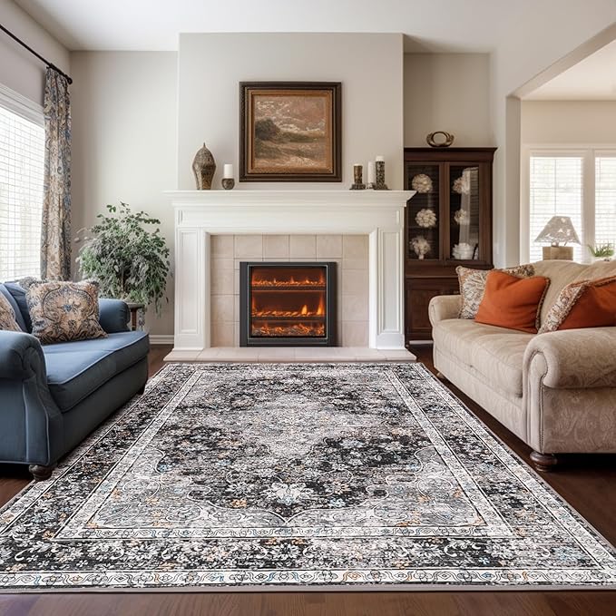 Rugs for Living Room, 8x10 Large Area Rugs Ultra Soft Washable, Vintage Boho Faux Wool Carpet for Dining Room, Bedroom, Office, Home Decor (Dark Grey)