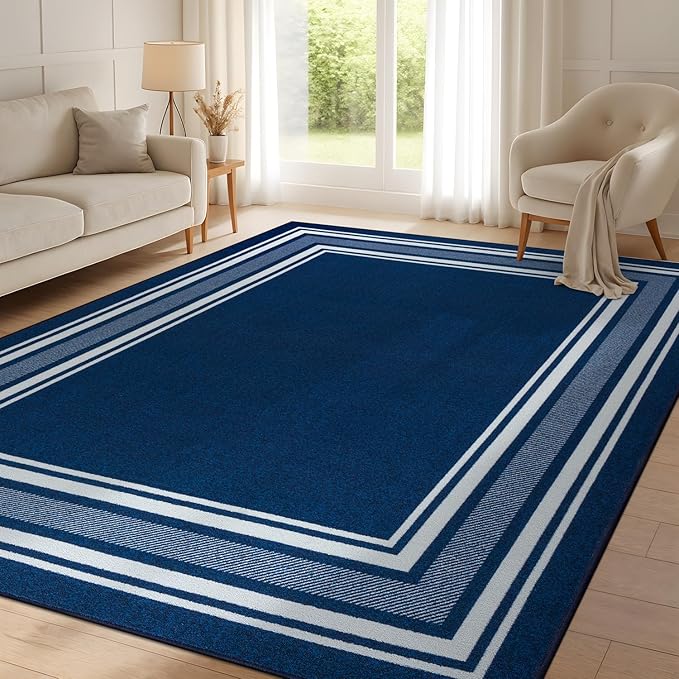Beverly Rug Non Slip Area Rugs 8x10 Modern Bordered Non Skid Rubber Backing Soft Area Rug for Living Dining Room Easy to Clean Non Shedding Kitchen Bedroom Indoor Carpet 8 x 10 Navy