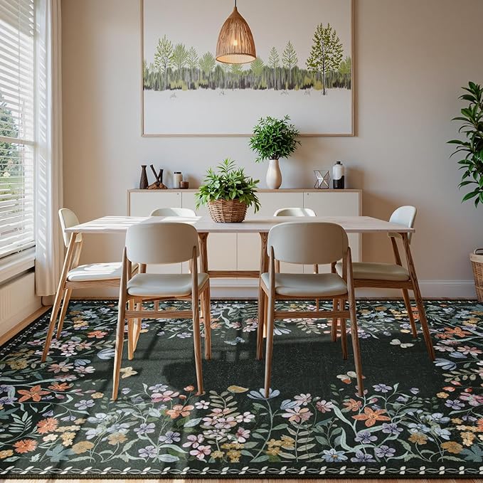 Wonnitar Washable 6x9 Area Rugs, Floral Print Large Living Room Rug, Non-Slip Soft Black Rugs for Bedroom, Ultra-Thin Vintage Botanical Rugs Carpet for Dining Room Guest Room (Black,6'x9')