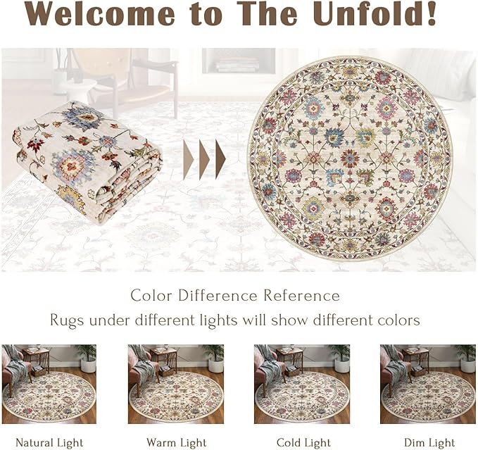 Washable Round Area Rug 6ft - Cream Colorful Traditional Floral Living Room Circle Rug Non-Slip Farmhouse Dining Room Carpet Soft Vintage Bohemian Round Rugs for Bedroom Office Nursery