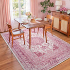 Bright Pink Area Rug for Living Room, 8x10 Machine Washable Rugs with Non-Slip Backing for Girls Bedroom, Large Vintage Carpet for Kitchen Laundry Kids Room