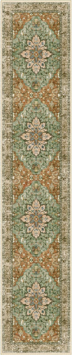 Area Rugs 2'6''x14' Washable Non-Slip, Floral Vintage Distress Print Pattern Medallion Carpet for Living Room Bedroom Dining Room, Brick Red Rust Neutral Brown Burnt Orange Green