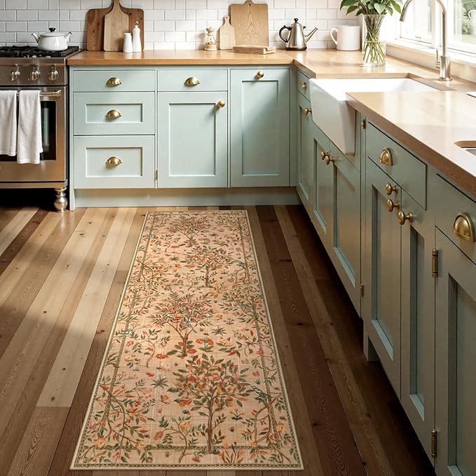 Morebes Boho Kitchen Runner 8 ft, Floral Halway Runner Rugs Non Silp Washable, Soft Low-Pile Flower Botanical Indoor Floor Throw Carpet for Entryway Bedside Bathroom, Brown