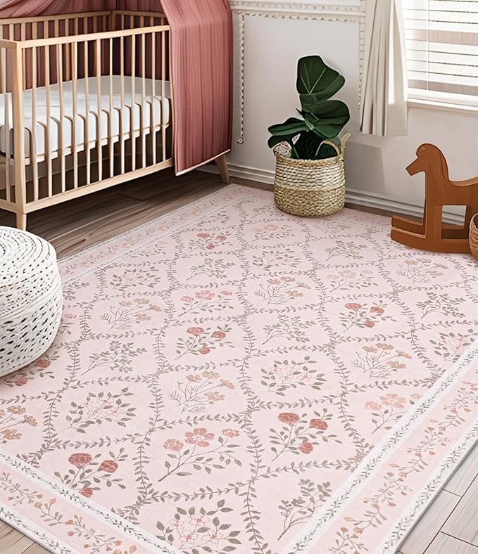 YIHOUSE 8x10 Washable Rug for Living Room, Pink Floral Rugs for Bedroom Boho Area Rug Non Slip Ultra-Thin Large Rug for Kids Playroom, Classroom, Girls Dorm, Nursery, Pink Multi
