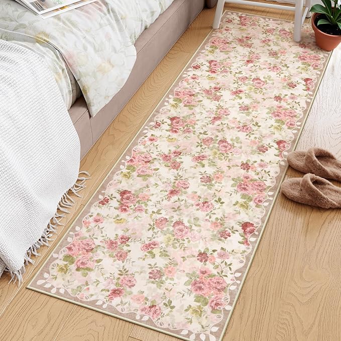 Lahome Floral Runners for Hallways Non Slip, 2x6 Washable Kitchen Runner Rug, Soft Boho Throw Carpet for ‎Girls Bedside Bedroom Laundry Bathroom Beige/Pink/Multi