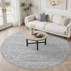 8ft Round Rug Living Room: Washable Large Vintage Rug Neutral Non-Slip Soft Stain Resistant Indoor Carpet for Bedroom Nursery Dining Room Under Table Bed Home House Office Playroom - Grey