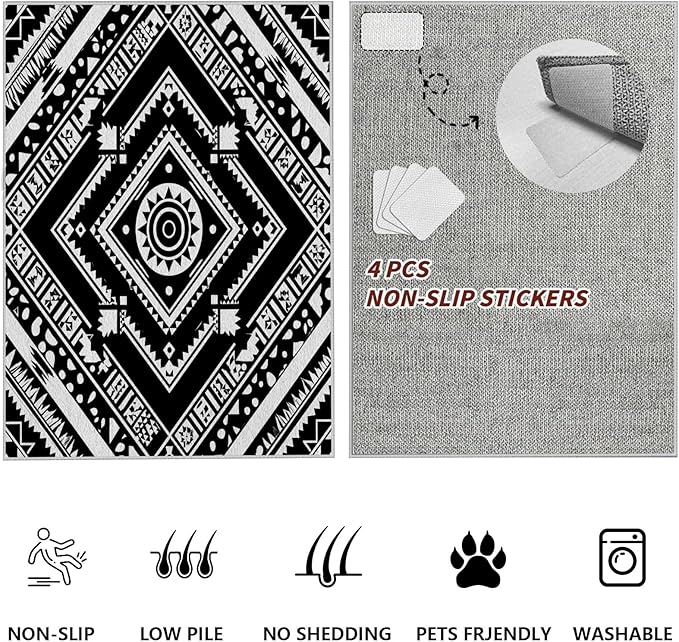 Area Rugs for Living Room 4x5, Moroccan Washable Low Pile Rug, Boho Neutral Farmhouse Ultra Soft Carpet for Bedroom Dining Room Home Decor, Geometric Print Tribal Carpets Black and White