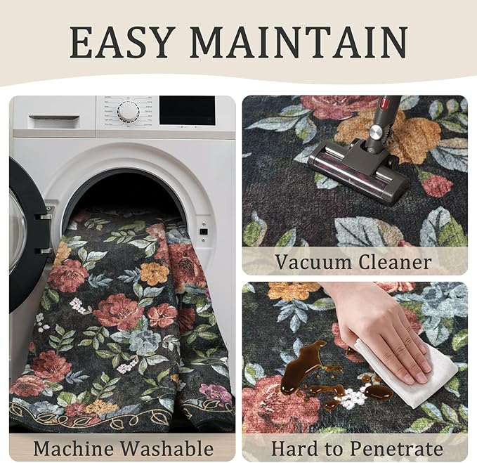8x10 Machine Washable Area Rug for Living Room, Black Vintage Boho Floral Rug Large Non-Slip Low Pile Soft Faux Wool Carpet, Kids and Pets Friendly for Bedroom Dining Room Farmhouse Home Decor Rug