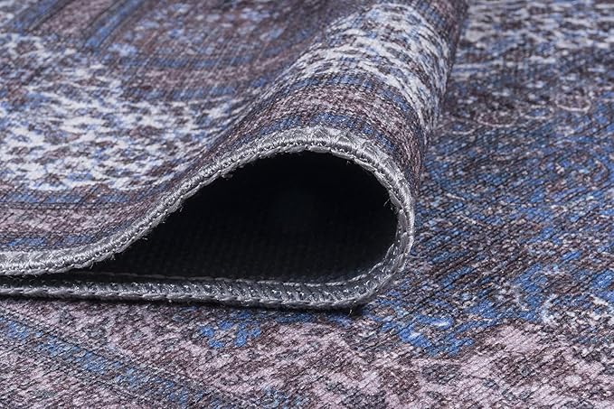 GLN Rugs Traditional Collection - Machine Washable Area Rug, Traditional Washable, Non Slip, Low Pile Chenille Rug, Living Room, Bedroom, Kitchen Rug (2'6" x 7' Navy/Off White)