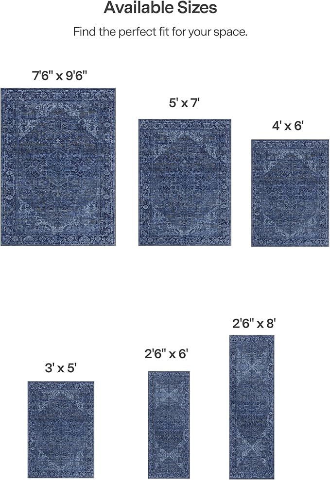 ReaLife Rugs Machine Washable Area Rug - Living Room Bedroom Bathroom Kitchen Entryway Office - Padded Low Pile Stain Resistant Premium - Boho Vintage Traditional - Lyle - Blue 7'6" x 9'6"