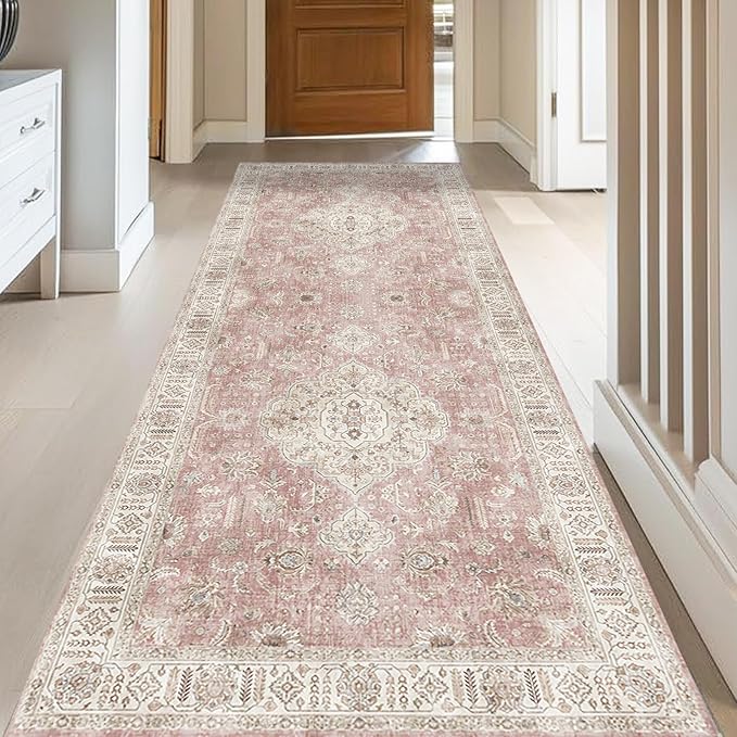 Washable Runner Rugs for Entrance 2x6 Non-Slip Hallway Runner Rugs Vintage Runners for Bedside Pink