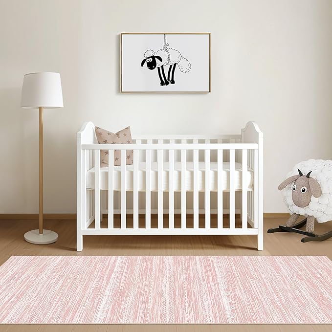 Nakagishi Runner Rug Kitchen Washable Rugs: 3x8 Non-Slip Boho Soft Modern Stain Resistant Indoor Floor Neutral Farmhouse Throw Carpet for Hallway Bathroom Laundry Room Entryway Bedroom- Pink