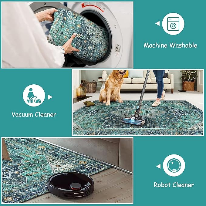 Moynesa Ultra-Thin Washable 10x14 Area Rugs for Living Room, Teal Large Living Room Rug Non Slip, Vintage Oriental Indoor Floor Carpet for Dining Room Table Dorm Home Office Decor