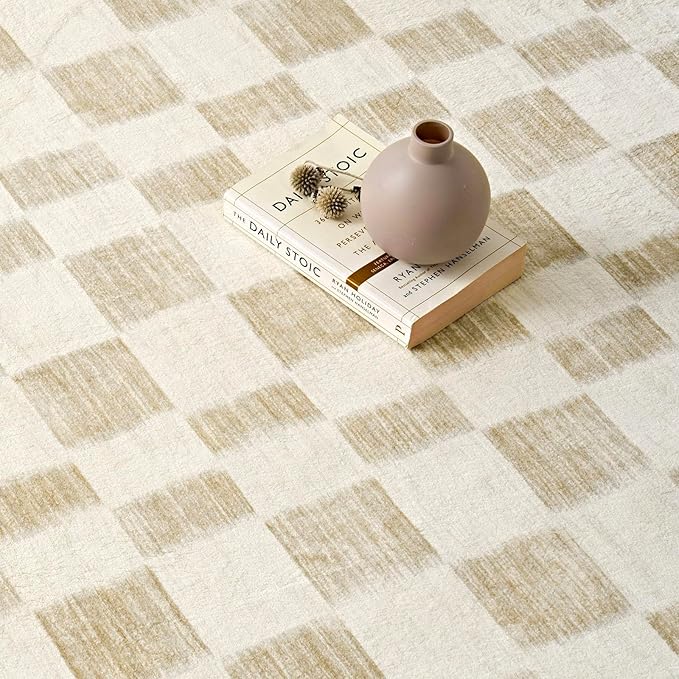EVERGRACE Checkered Plaid Area Rug 6x9, Soft Faux Wool Rugs Washable Anti Slip Rugs Large Rug Carpet for Entryway Bedroom Living Room Hallway Kitchen Dining Room and Laundry Room, Beige