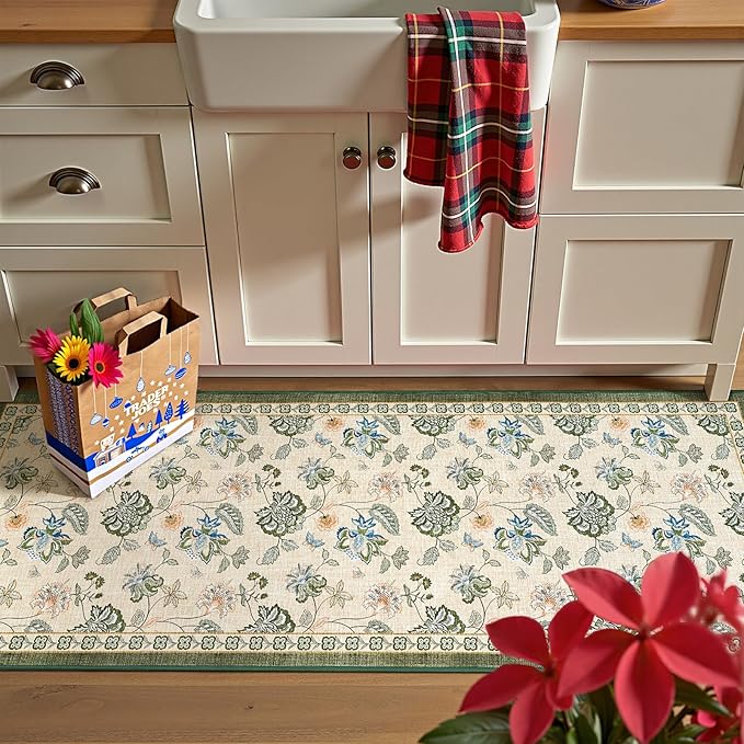 jinchan Elora 2x5 Floral Runner Rug for Hallway Washable Kitchen Runner Vintage Romance Design Non Slip Thin Indoor Floor Cover Low-Profile Throw Carpet for Entryway Bedroom Porch, Green/Beige