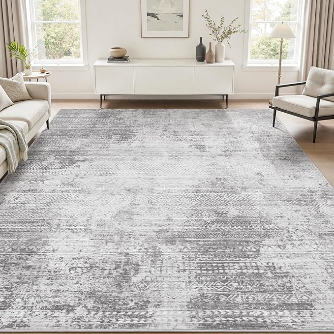 5x7 Area Rugs for Living Room Non Slip Machine Washable Rug Distressed Abstract Soft Indoor Carpet Neutral Boho Rug for Bedroom Dining Room Playroom Office, Grey