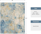 8x10 Area Rugs Washable Blue Rug for Living Room Bedroom, Abstract Modern Large Rug Non Slip, Water Repellent Low Pile Soft Carpet for Dining Room, Blue Ivory
