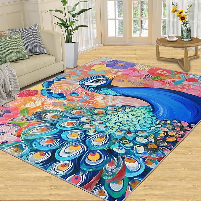 Peacock Area Rug 4x5-4x5 Rug, Boho Floral Rugs for Living Room, Colorful Carpet, Oil Painting Art Washable Area Rugs for Bedroom, Aesthetics Carpet - Peafowl Home Decor & Gifts