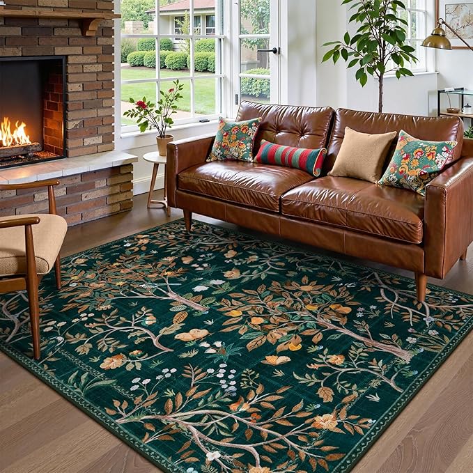 Morebes Boho Washable 5x7 Area Rugs, Dark Green Floral Rugs for Living Room Non Slip, Soft Botanical Indoor Floor Carpet for Kids Playroom Dining Room Bedroom Nursery Dorm