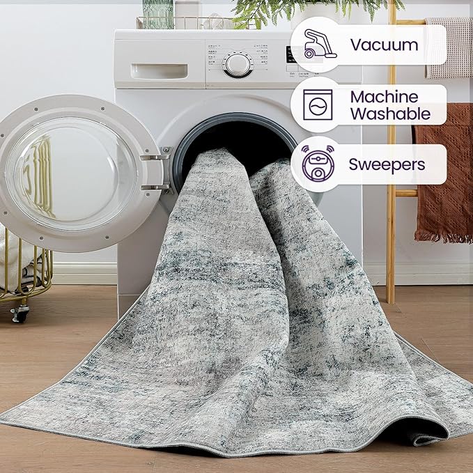 DEXI 4x6 Area Rug for Living Room, Modern Abstract Thin Washable Rug Indoor Floor, Non Slip Stain Resistant Low Pile Carpet for Dining Room Bedroom Office, Blue