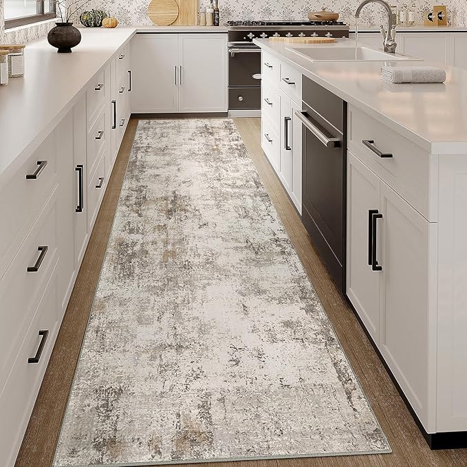 2x10 Washable Runner Rug Brown Grey Abstract Hallway Kitchen Throw Rug Neutral Modern Non Slip Soft Low Pile Carpet for Bathroom Laundry Bedroom Living Room