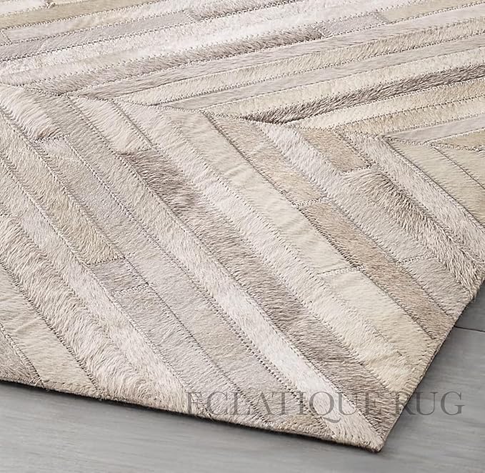 Premium Rectangular Rug Cowhide Leather Stylish Non Slip Chevron Patchwork Area Rug for Bedroom and Home Décor Accent Floor Carpet (Beige-10 x 14 ft)