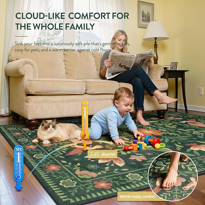Moynesa Living Room Rug 5x7, Washable Modern Cottage Green Area Rugs for Bedroom Dining Room, Farmhouse Aesthetic Floral Bird Print Carpet, Vintage Home Decor Open Floor Areas Non-Slip Protection