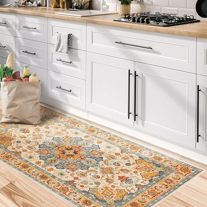 COMSLE Boho Distressed Area Rug 2' x 4', Machine Washable Faux Wool Non-Slip Small Rug for Entryway, Bedroom, Kitchen - Indoor Floor Carpet
