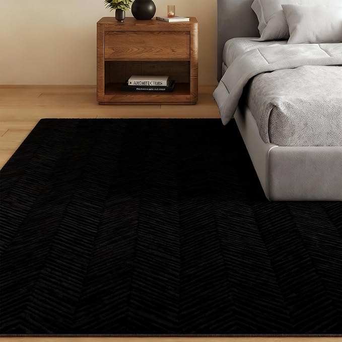 Area Rug for Living Room - 3x5 Soft Faux Rabbit Fur Modern Geometric Wave Carpet for Bedroom, Black