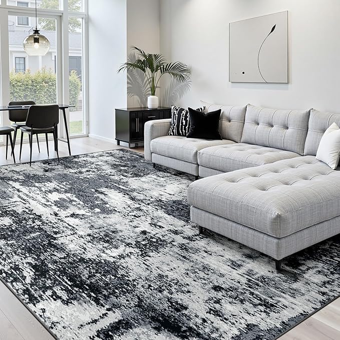 Washable Area Rugs 5'x8' Non-Slip Modern Abstract Soft for Living Room Entryway Bedroom Nursery, Print Pattern, Black Gray