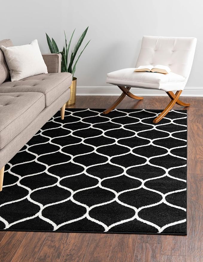 Rugs.com Lattice Frieze Collection Rug – 10' x 14' Black Medium Rug Perfect for Living Rooms, Large Dining Rooms, Open Floorplans