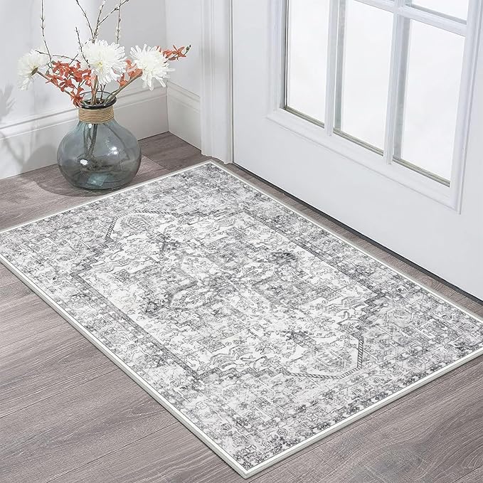 KOZYFLY Small Area Rug 2x3 Ft Rugs for Entryway Washable Boho Entry Rug Non Slip Door Mat Indoor Entrance Faux Wool Vintage Printed Kitchen Rug Throw Rugs for Entrance Kitchen, Gray