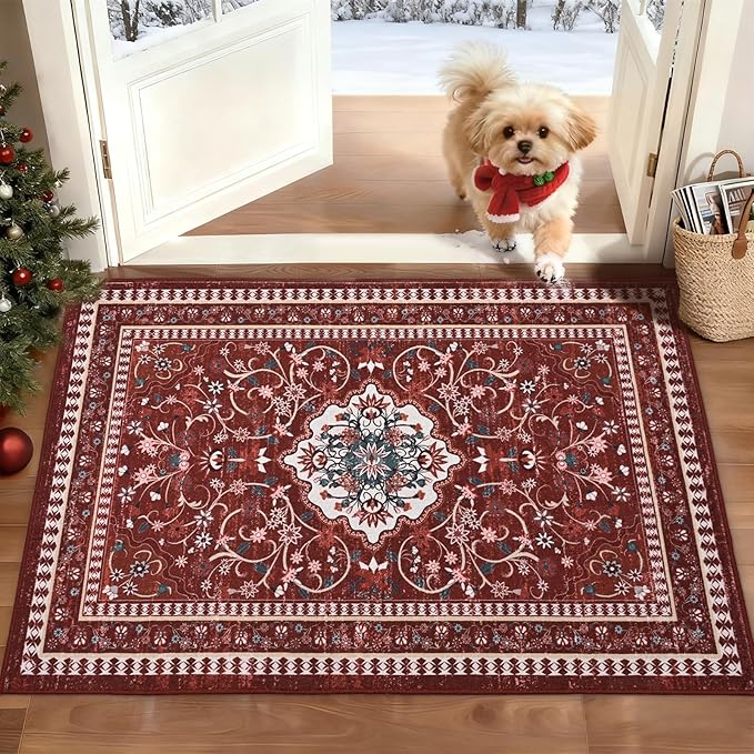 2' x 3' Red Washable Area Rugs, Non-Slip Entryway Rug, Boho Low Pile Door Mat Indoor Entrance, Floral Medallion Pattern Vintage Rugs for Kitchen Bedroom Bathroom Laundry Living Room Farmhouse