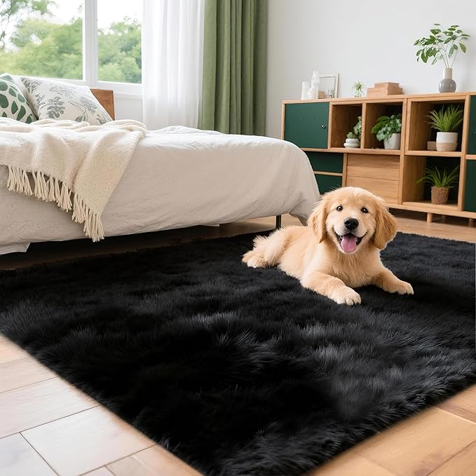 3x5 Solid Fluffy Black Area Rug – Washable, Durable, Living Room Rug, Non-Slip High Pile Shag Rugs for Bedroom, Living Room, Bedside, Dorms, Nursery Rooms, Kids Room, Soft Indoor Floor Carpet
