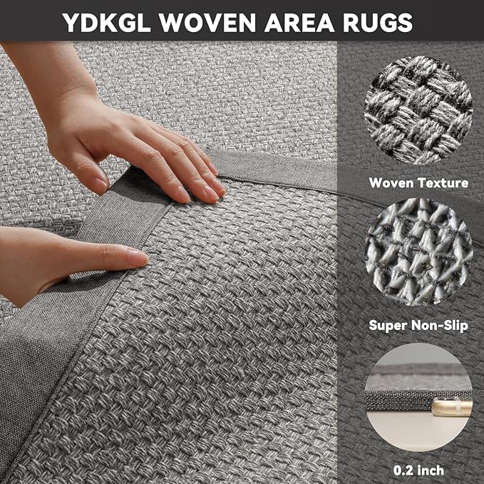 Washable Area Rug 5x7 Large Jute Like Rug for Living Room, Soft Non Slip Rugs Carpet for Dining Room Bedroom Cotton Boho Woven Braided Rugs Home Office Decor, Grey