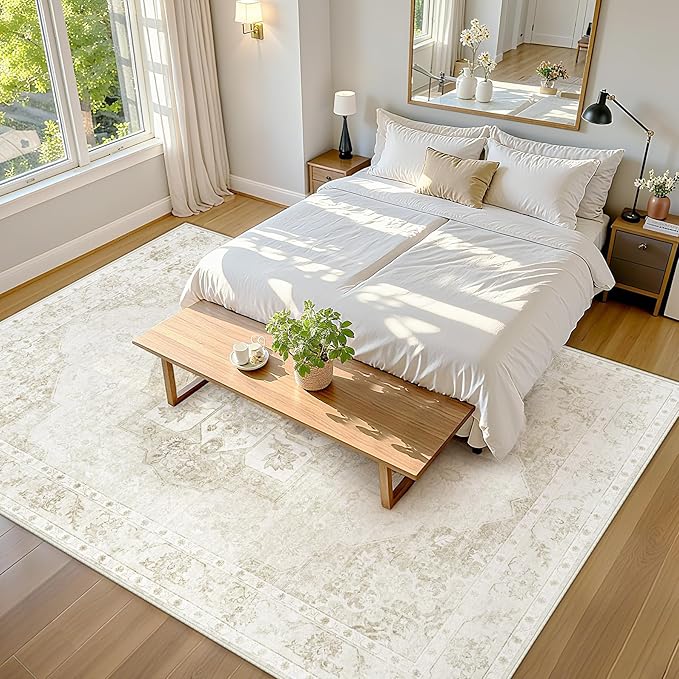 8x10 Area Rugs Washable Rugs for Living Room, Large Vintage Boho Rug Non-Slip Soft Floral Distressed Rug Low Pile Stain Resistant Carpet for Bedroom Nursery Office Dining Room Farmhouse(Beige, 8'x10')