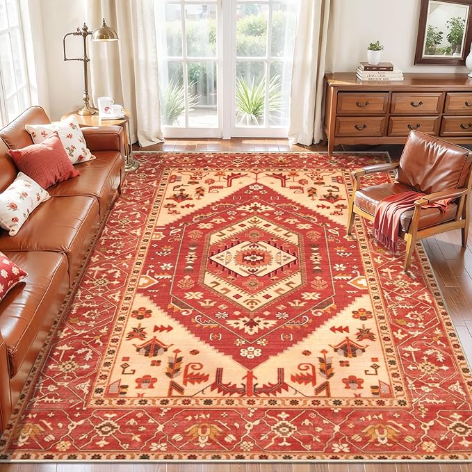 SERISSA 5x7 Boho Area Rug, Washable Non-Slip Rugs for Living Room, Large Red Beige Rug Ultra Soft Vintage Oriental Print Distressed Carpet for Bedroom Dining Room Dorm Office Home Decor