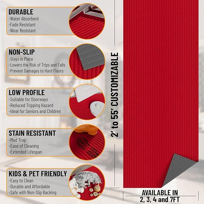 Ottomanson 2' x 40' Hallway Runner with Scraper Pile - Extra Durable Non-Slip Rug Mat for Indoor & Outdoor Use - Ideal for Kitchen, Entryway, Patio & Garage - High-Traffic Carpet, Red