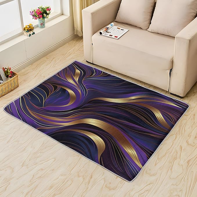 Purple and Gold Rug, 4x7 Rug, Luxury Rugs for Living Room Bedroom, Abstract Large Area Rug, Washable Rug Non Slip Soft Indoor Carpet, Purple and Gold Home & Room Decor