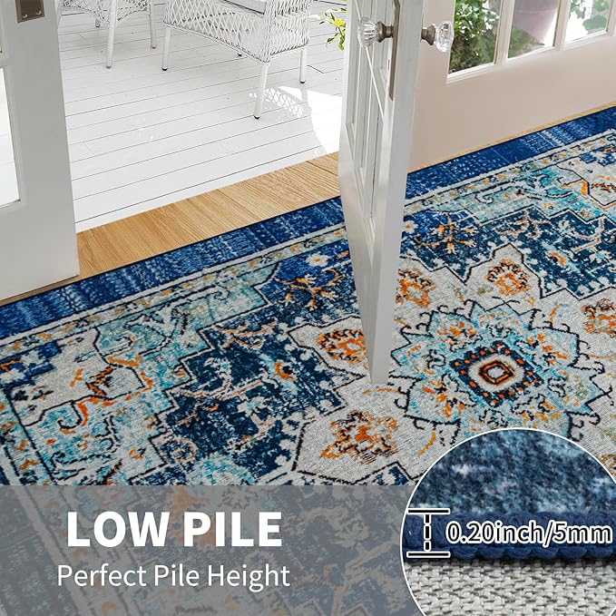 Easy-Going Boho Area Rug 2x3 Washable Entryway Rugs Front Door Mat Indoor Entrance Non-Slip Tangerine Vintage Small Entry Rug Lightweight for Living Room Bedroom Kitchen Bathroom, Floral Aqua Yellow