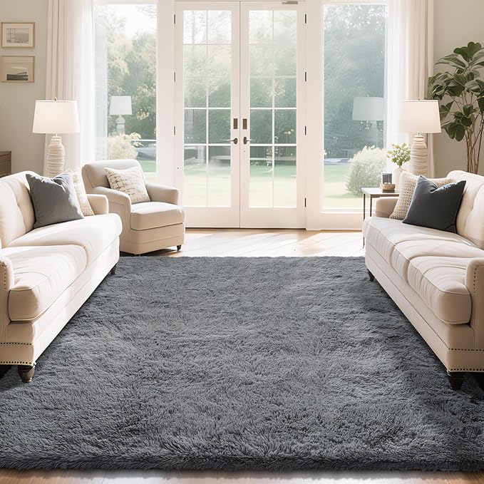Fluffy Rug Shaggy Area Rug, Dark Grey 8x10 Area Rugs for Living Room, Large Shag Area Rugs for Bedroom Kids Room Home Decor, Upgrade Anti-Skid Rectangular Fuzzy Rugs