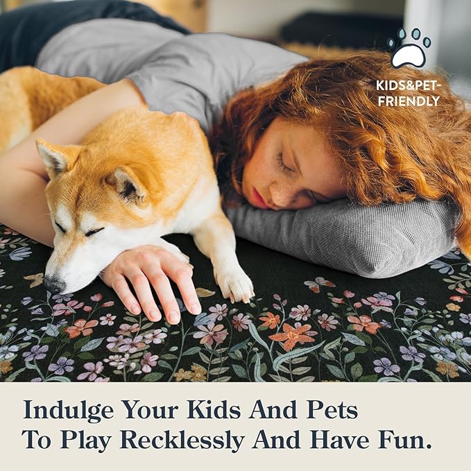 Lahome Boho Floral Black Washable 8x10 Area Rugs for Living Room, Non Slip Rugs for Bedroom, Indoor Throw Dining Room Carpet for Under Table Home Office Playroom(Black,8x10)