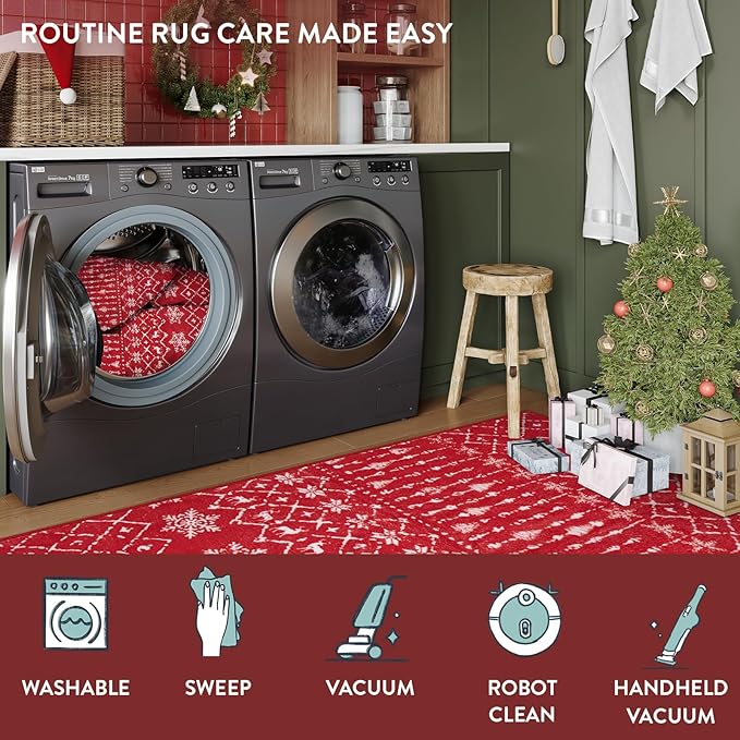 Lahome Christmas Door Mat 2x3 Red Entryway Rug Small Washable Area Rugs Non-Slip Indoor Entry Carpet Throw Soft Bathroom Mat, Snowflake Home Xmas Holiday Decor Thin Floor Doormat Carpet for Bedside