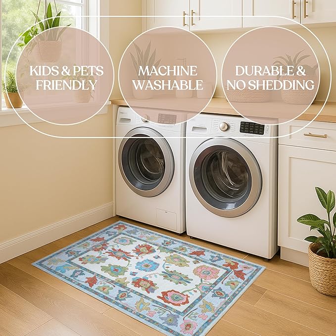 Fame Living Colorful Oushak Runner Rug, Modern Runners, Turkish, Eclectic, Floral, Pastel, Washable, Small Throw Rugs, Short Runner for Hallway, Entryway, Laundry, Foyer, Kitchen, Bathroom, 2'5"x6'5"