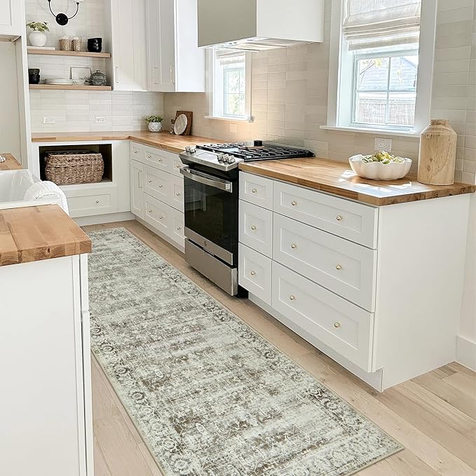 Morebes Vintage Long Bathroom Runner Rug, Washable Entryway Rugs Indoor Non Slip,Soft Distressed Doormat Indoor Entrance Throw Rug Kitchen Sink Mat Floor Carpet Runner, Brown
