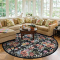 6ft Round Machine Washable Area Rug for Living Room, Black Vintage Boho Floral Rug Large Non-Slip Low Pile Soft Faux Wool Carpet, Kids and Pets Friendly for Bedroom Nursery Farmhouse Home Decor Rug