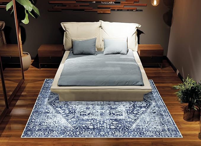 Bloom Rugs Washable Non-Slip 9' x 12' Rug - Blue/Ivory Traditional Area Rug for Living Room, Bedroom, Dining Room, and Kitchen - Exact Size: 9' x 12'
